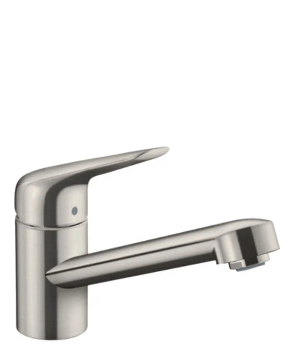Spültischmischer von Hansgrohe in Edelstahl-Optik mit einem einstraligen Auslauf und ergonomischem Hebel.